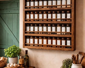 Handmade Apothecary Herb & Spice Rack With Jars | Reclaimed Hardwood Kitchen Storage Portrait