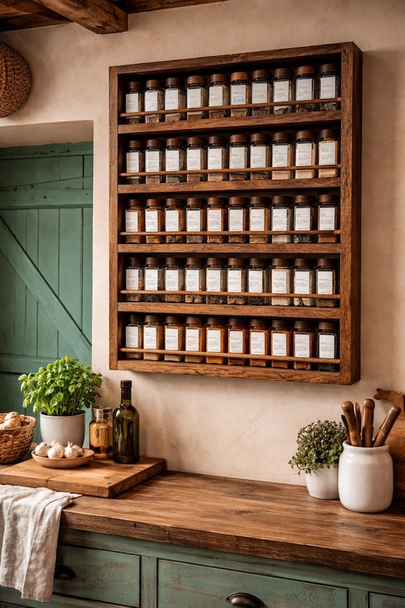 Handmade Apothecary Herb & Spice Rack With Jars | Reclaimed Hardwood Kitchen Storage Portrait