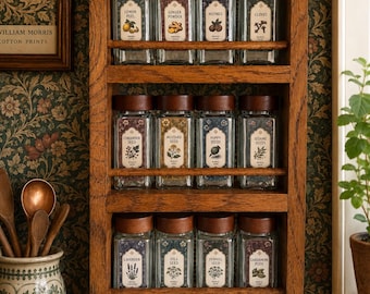 William Morris Themed spice Rack Gift Set | Personalised Glass Spice Jars | Solid Oak Wall Mounted Shelf | Art Nouveau