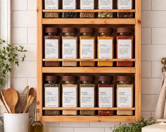 Handmade Pine Wood Spice Rack | Apothecary Jars & Labels