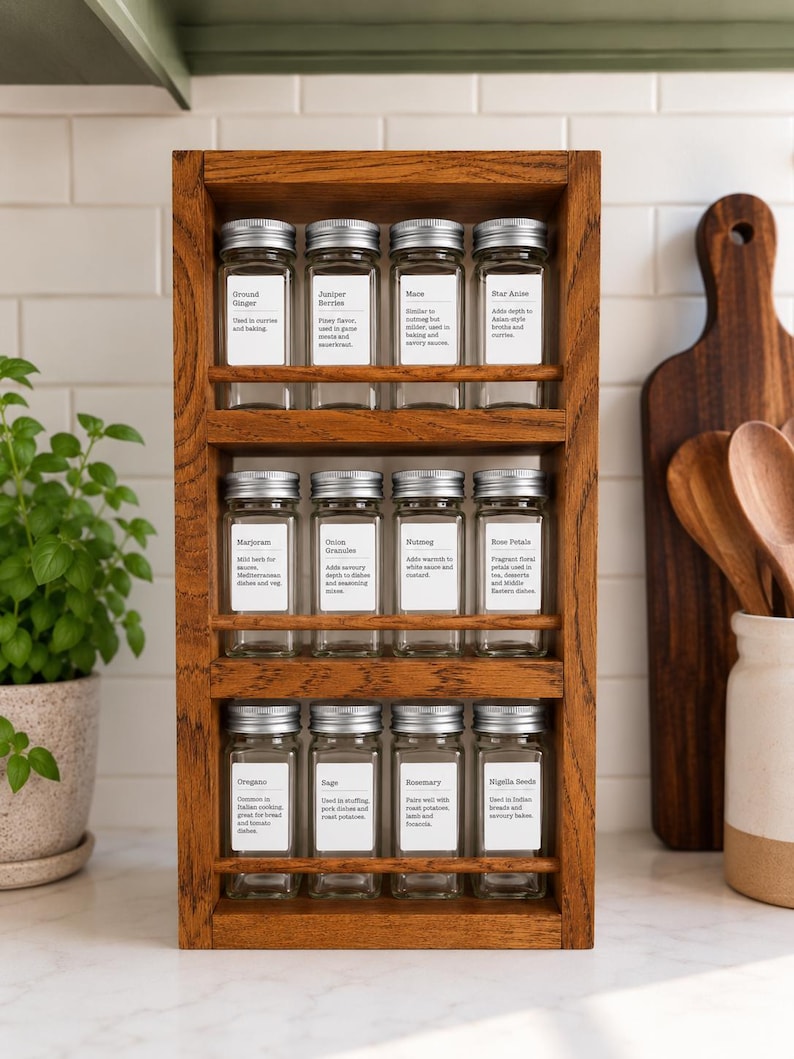 May include: A three-tiered wooden spice rack holding twelve clear glass jars with silver lids. Each jar features a white rectangular label with black text identifying spices such as Ground Ginger, Juniper Berries, Mace, Star Anise, Marjoram, Onion Granules, Nutmeg, Rose Petals, Oregano, Sage, Rosemary, and Nigella Seeds.