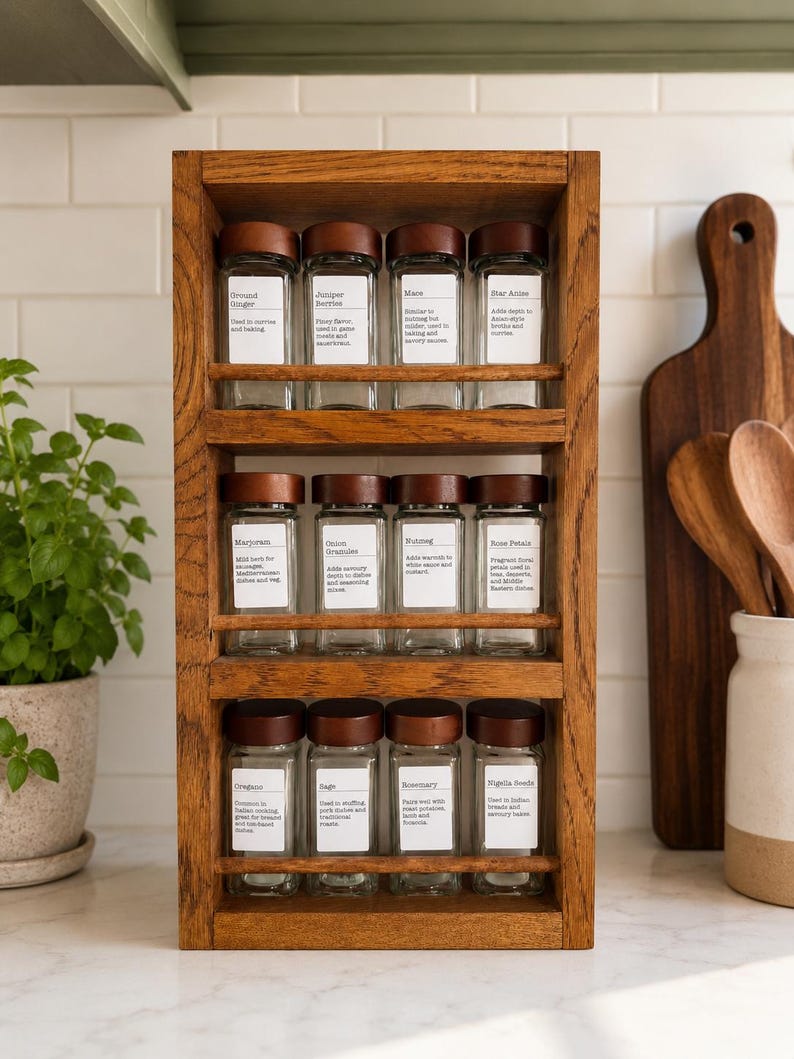 May include: A three-tiered wooden spice rack containing twelve clear glass jars with dark brown wooden lids. Each jar features a white rectangular label with black text identifying spices like Ground Ginger, Juniper Berries, Mace, and Star Anise.