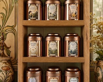 Solid Reclaimed Oak Tea Caddy Rack with 9 Rose Gold Tea Caddies | Art Nouveau Tea Storage | Wall Mounted or Freestanding Tea Organiser