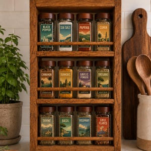 Vintage Travel Artwork Themed Spice Rack Gift Set | Personalised Glass Spice Jars | Solid Oak Wall Mounted Shelf | Pick your labels!
