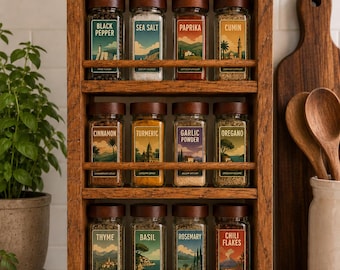 Vintage Travel Artwork Themed Spice Rack Gift Set | Personalised Glass Spice Jars | Solid Oak Wall Mounted Shelf | Pick your labels!