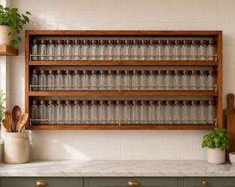 Apothecary Brass Gallery Fiddle Rail Herb & Spice Rack With Jars | Reclaimed Hardwood Kitchen Storage Landscape