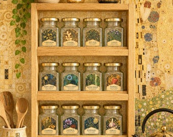Gustav Klimt Inspired Spice & Herb Rack | Solid Oak Wall Mounted with 12 Glass Jars | Art Nouveau Kitchen Decor | Handmade Gift