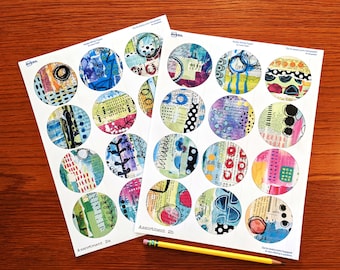 24 Colorful Mixed Media Sticker Sheet 2.25 inches for Art Journaling or Junk Journaling, BUJO Assortment 2