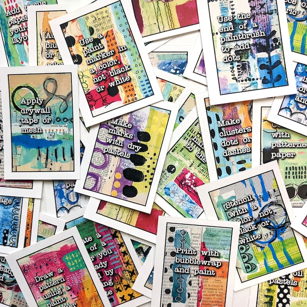 63 afdrukbare promptkaarten voor art journaling of junk journaling met mixed media-technieken