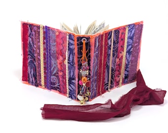 Handmade Batik Fabric Art Journal: Gypsy Style Mixed Media Junk Journal, Fuchsia, Red, Purple
