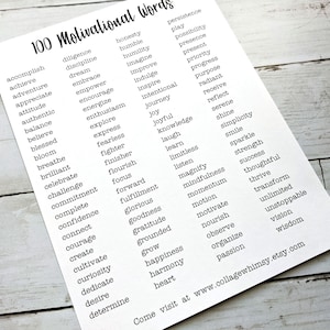 Afdrukbare lijst met 100 motiverende woorden voor gebruik op tags, Art Journal of Junk Journal, mixed mediakunst, inspirerende woorden, afdrukbare woorden