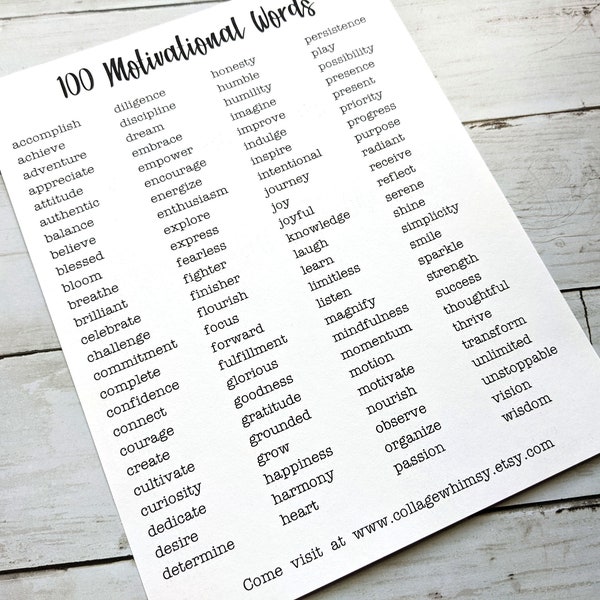 Printable List of 100 Motivational Words to Use on Tags, Art Journal or Junk Journal, Mixed Media Art, Inspirational Words, Printable Words