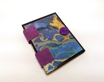 Art or Junk Journal with a Momi Marbled Cover and Unique Pages Inside, Handmade, Mixed Media Journal, Tsunami Blue, Purple and Gold.