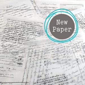 May include: A collection of vintage-style paper sheets with handwritten script in black ink. The papers are layered, creating a textured effect. A gray circle with the words "New Paper" is in the center.
