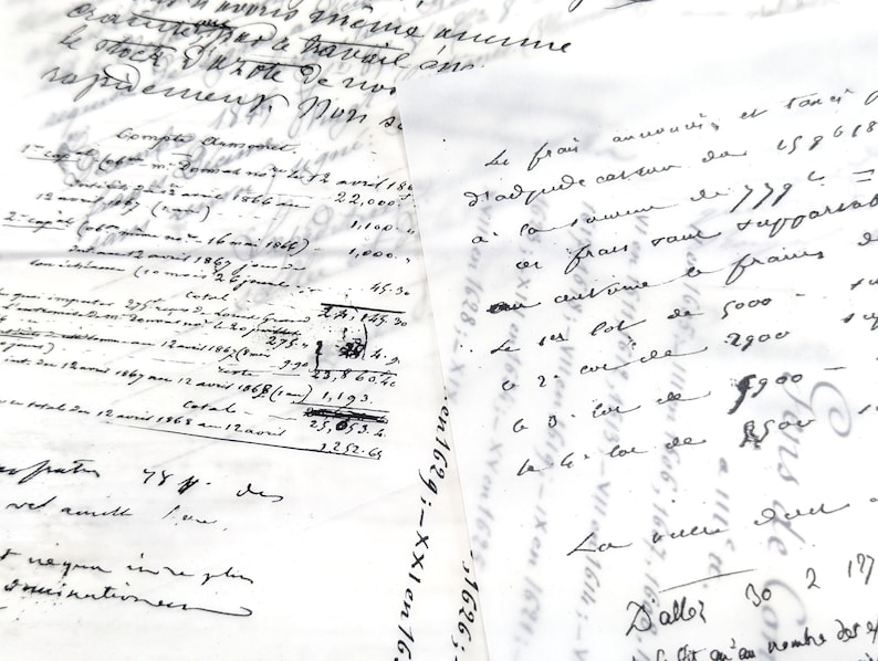May include: Close-up of aged handwritten documents with faded ink. The papers feature cursive script, numbers, and calculations. The documents appear to be historical records, possibly accounting ledgers or personal correspondence, with visible wear and tear.