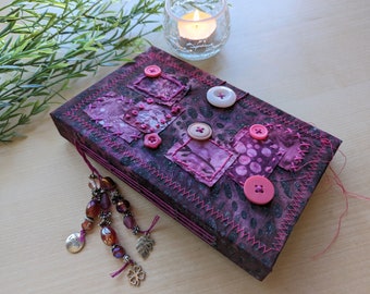 Black Raspberry Art or Junk Journal for Mixed Media with a Patchwork Batik Fabric Cover and Unique Pages Inside, Shades of Pink