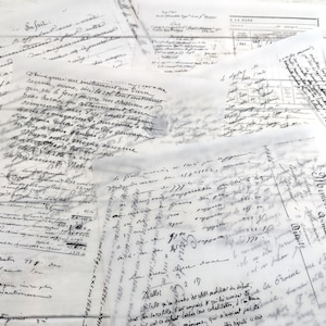 May include: A collection of translucent, vintage-style paper sheets with handwritten script in black ink. The papers are layered, creating a textured effect, and appear to be aged documents or ephemera.