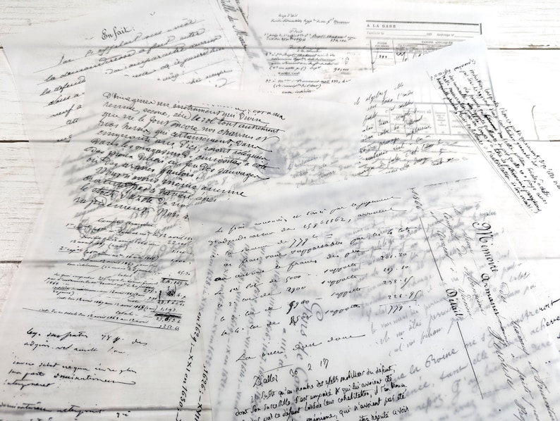 May include: A collection of translucent, vintage-style paper sheets with handwritten script in black ink. The papers are layered, creating a textured effect, and appear to be aged documents or ephemera.
