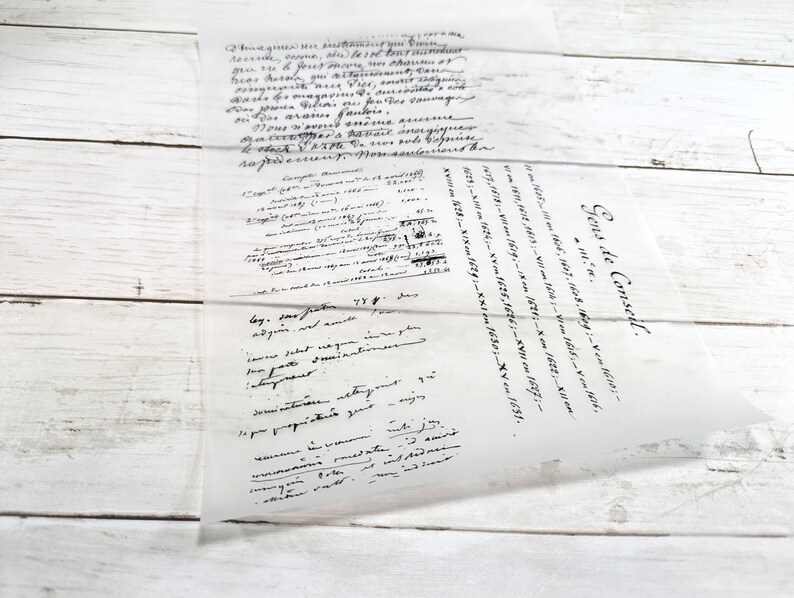 May include: A translucent sheet of paper with handwritten text in black ink. The paper is slightly crumpled and lies on a white wooden surface. The text appears to be in a script style, with some areas more densely written than others.