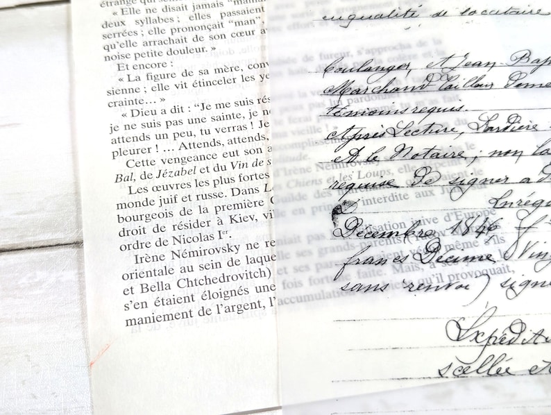 May include: Close-up of aged paper with French text and handwritten script. The paper is slightly yellowed, with visible text from a book and cursive writing. The image evokes a vintage or antique aesthetic.