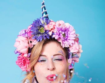 Light Up Unicorn Headband, with pink, lilac and purple flowers