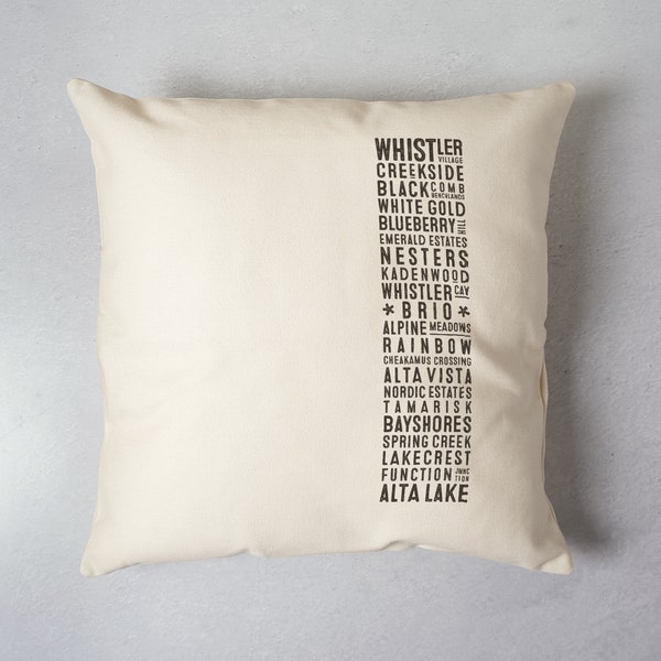 Whistler Canada Neighbourhoods Pillow Cover Canada Souvenir Cabin Decor Typography Cushion