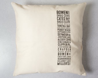 Bowen Island Pillow Cover Canada Souvenir Cabin Decor Typography Cushion