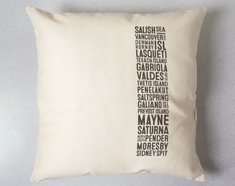 Salish Sea Gulf Island Pillow Cover Canada Souvenir Cabin Decor Typography Cushion