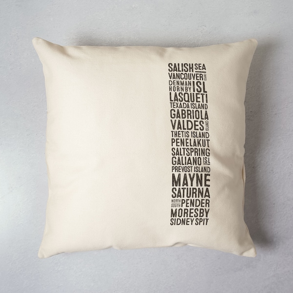 Salish Sea Gulf Island Pillow Cover Canada Souvenir Cabin Decor Typography Cushion
