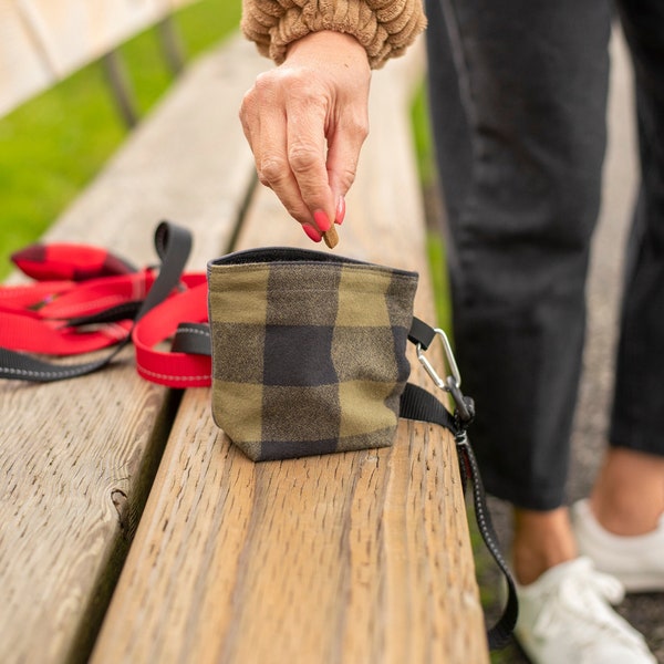 Pochette à friandises pour chien, sac à collation, cadeau d'accessoire de randonnée, dressage de chien, plaid vert buffle