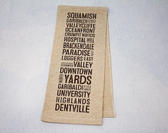 Squamish Neighbourhoods Bus Scroll Tea Towel