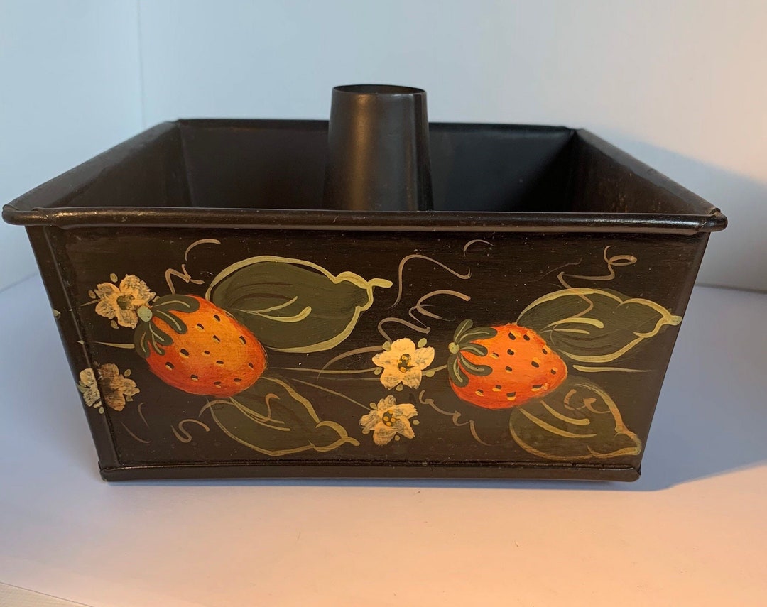 Vintage Tole Painted Cake Pan. Toleware, Square Tube Pan, Decorative