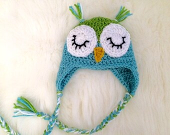 Sleepy owl crochet hat newborn baby boy girl photo prop