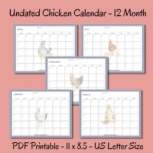 Calendário de frango sem data - 12 páginas - Ilustrações em aquarela - Planejador de fazenda - Download digital - Rastreador diário - Planejador de desktop
