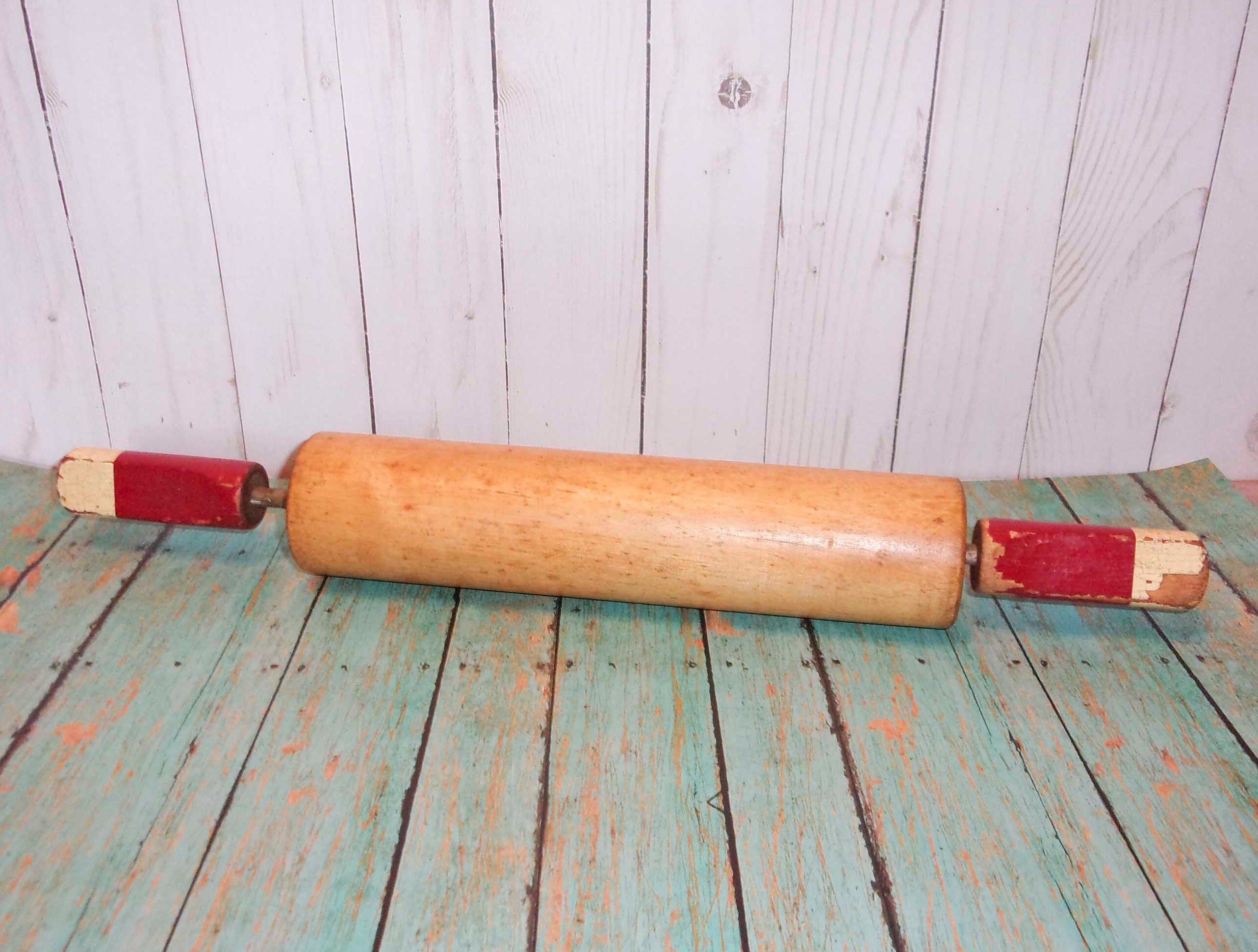 Vintage Rolling Pin Red & White Handles Baking Utensil Etsy