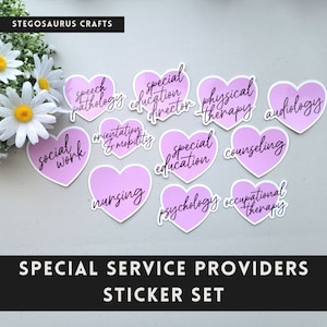 Special service providers for education heart stickers- AuD, counseling, nursing, o & m, OT, psych, PT, SLP, social work, sped director