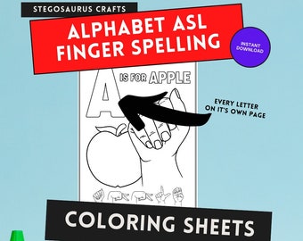 Peut inclure: Feuille de coloriage en noir et blanc représentant la lettre A et une pomme. La feuille comprend une illustration du signe de la langue des signes française pour la lettre A. Le texte "IS FOR APPLE" est au-dessus de la lettre A. Le texte "EVERY LETTER ON IT'S OWN PAGE" est dans le coin supérieur droit de la feuille. Le texte "COLORING SHEETS" est en bas de la feuille.