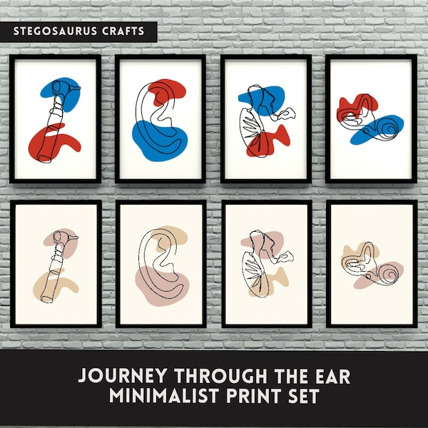 Journey through the ear - minimalist audiology drawing prints - otoscope, outer ear/pinna, middle ear, and inner ear