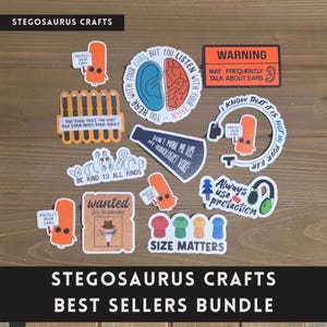 May include: A collection of stickers featuring audiologist-themed designs, including orange earplugs with signs, a brain and ear graphic, a warning sign, a megaphone, and text such as "Size Matters," "Be Kind to All Kinds," and "Wanted for Trespassing."