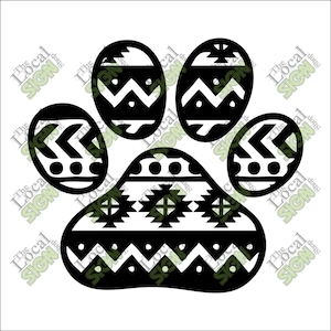May include: Black and white paw print design with a geometric pattern. The paw print is made up of five sections, each with a different pattern.