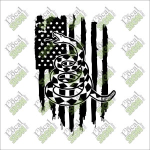 May include: Black and white silhouette of a rattlesnake coiled around an American flag with a distressed look. The snake is in a checkerboard pattern.