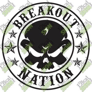 May include: Black and white graphic design of a skull with a circle around it. The circle has the words "Breakout Nation" written around the skull. There are five stars around the circle.