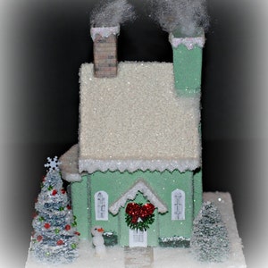 Glitter House, Handmade Green Glitter House, Christmas Village House, Putz Style House, 3" Wide by 4" Tall Paper House, Christmas Decoration