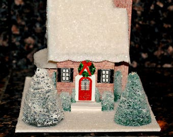 Handmade Glitter House, Handmade Brick House with Black Shuttered Windows, Putz House, Christmas Village, 3" by 4", Christmas Decoration