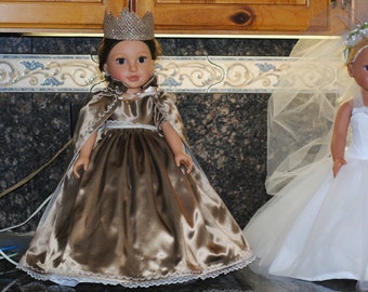 Princess Doll Gown, OOAK Heavy Satin Gown with Full Skirt, Regal Cape and Sparkly Crown, 18 inch Doll or American Girl Princess Dress