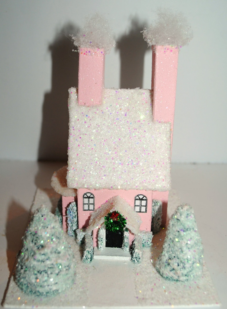 Pink Glitter House Handmade Christmas Putz House Glitter Etsy