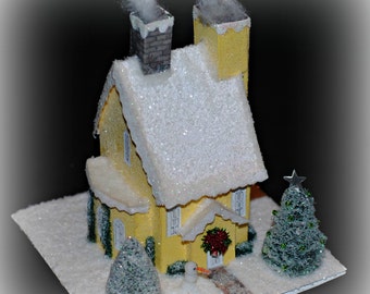 Glitter House, Handmade Yellow Glittered House, Christmas Village House, Putz Style House, Christmas Village Paper House, XMAS Decoration