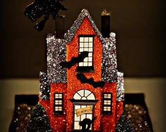 Halloween Glitter House, Handmade Glitter House, Haunted Halloween Paper House, 7 1/2  Inch Tall Halloween House, Spooky Glitter House