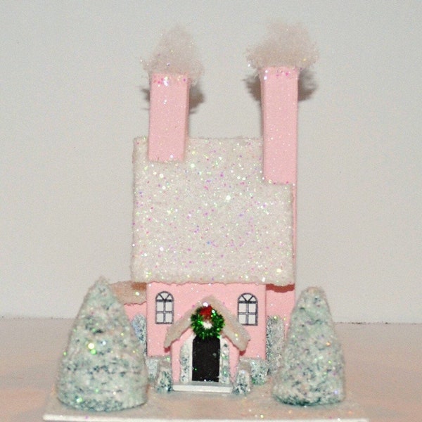 Pink Glitter House, Handmade Christmas Putz House, Glitter Putz, Paper House, Christmas Village, Christmas Decoration, Handmade Gifts, 6"