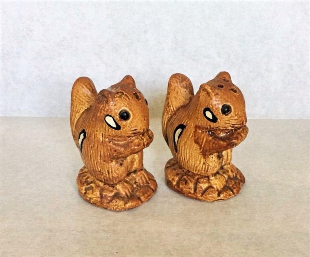 Squirrel Salt and Pepper Shakers, 1960's Hand Carved Wood Squirrels, Hand Painted Vintage Wood